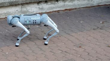 A prototype of the Robotic Guide Dog created by Dr. Reuth Mirsky of Bar-Ilan University moving around the campus. 4 December 2022